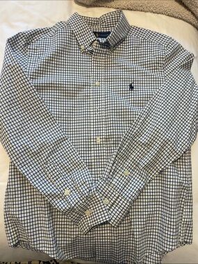 Ralph Lauren White Button-Down Shirt with Blue Check Pattern